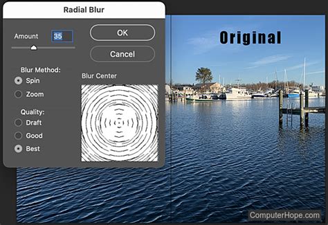 Photoshop interface showing Radial Blur settings