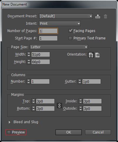 InDesign New Document Dialog Box