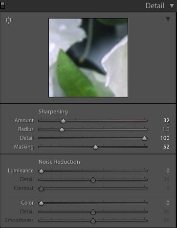 Lightroom Detail panel with sharpening sliders