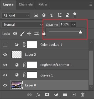 Photoshop Layers panel showing opacity adjustment