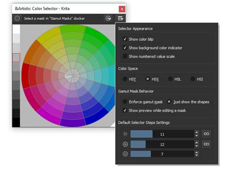 Krita color selector docker with multiple color swatches