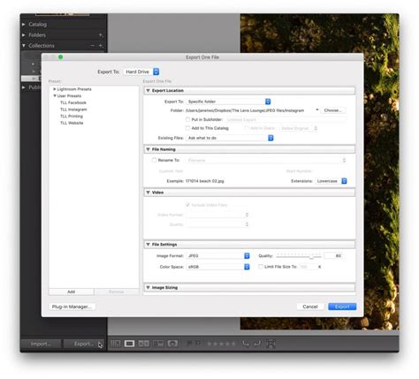 Lightroom Export dialog box with various panels