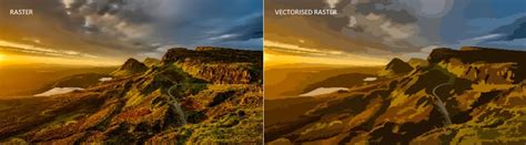 Comparison of raster and vector graphics showing pixelation vs. smooth edges