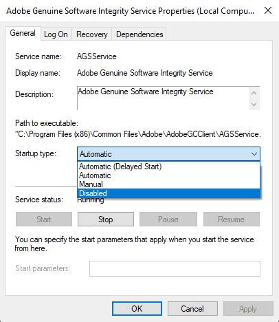 Screenshot of the Windows Services manager showing the Adobe Genuine Software Integrity Service