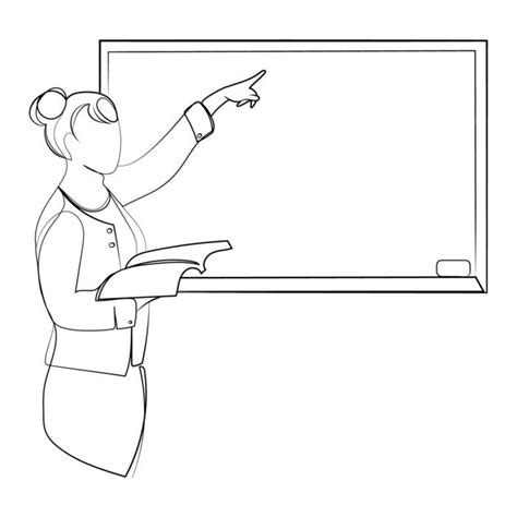 Black and white illustration of a teacher at a whiteboard