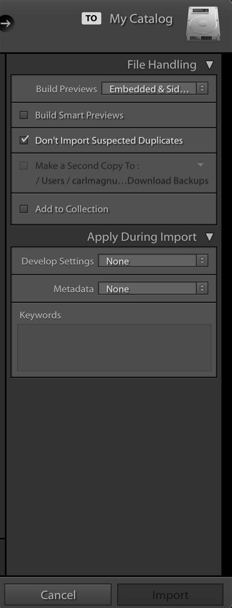 Screenshot of the Lightroom import dialog, highlighting the 