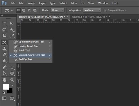 Photoshop interface with Content-Aware Move tool highlighted