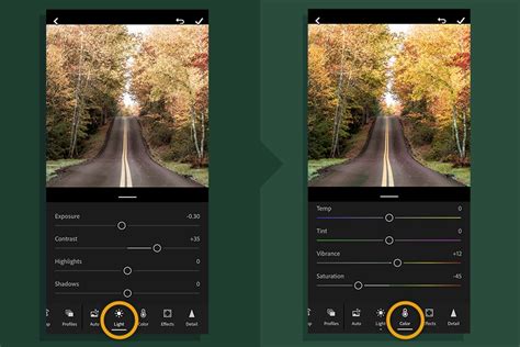 Lightroom Mobile editing interface showing sliders for Exposure, Contrast, and Saturation