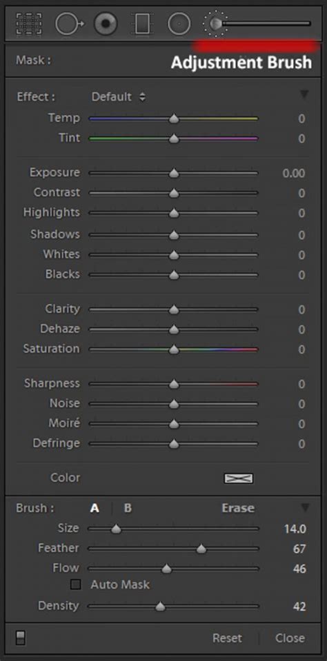 Lightroom Adjustment Brush panel with settings