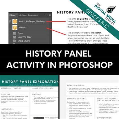 Photoshop History Panel showing a list of editing steps and snapshots
