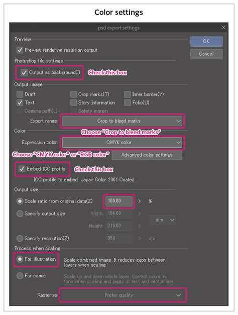 Screenshot of Clip Studio Paint's Export settings with CMYK color selected
