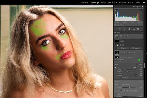 Before and after comparison of a portrait with shadow areas lightened using a brush preset