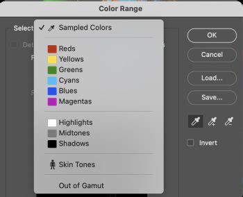 Screenshot showing the Color Range dialog box with 'Skin Tones' selected
