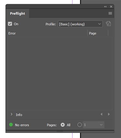 InDesign Preflight panel showing an error