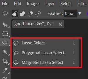 Infographic demonstrating Photopea's selection tools: Select Subject, Magnetic Lasso, Quick Mask mode.