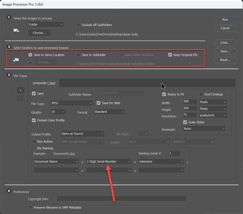 Photoshop Image Processor dialog box - Source and Destination folders