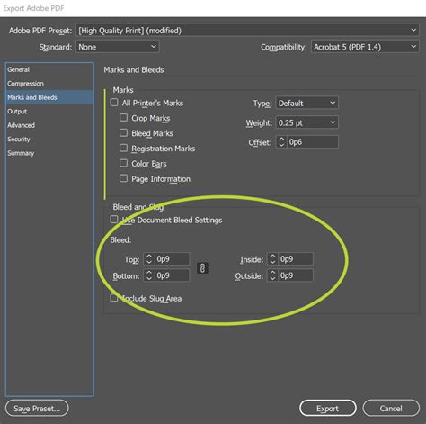 Diagram showing InDesign PDF export settings with Marks and Bleeds options