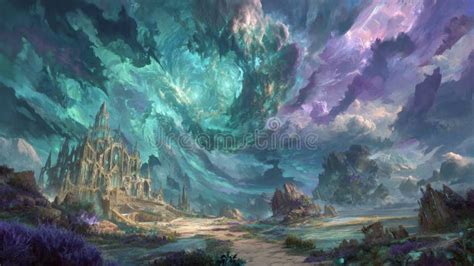 Composite image showing a fantasy landscape with dramatic clouds