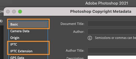 Photoshop File Info window with copyright fields