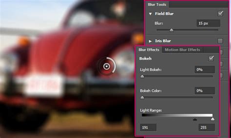 Photoshop screenshot showing Field Blur pins and controls