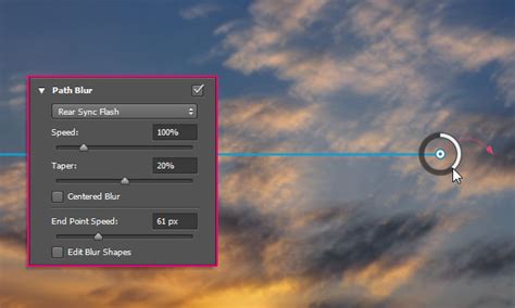 Photoshop screenshot showing Path Blur controls and a curved blur path