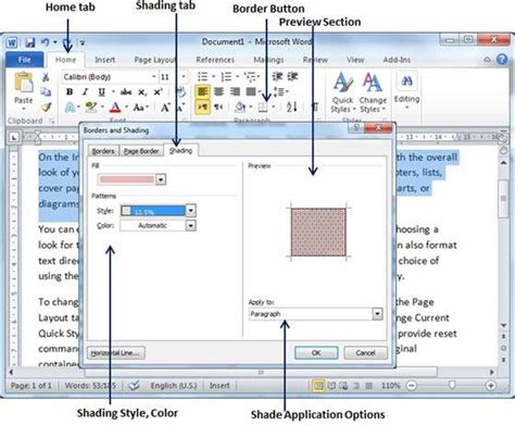 Screenshot of Microsoft Word's Shading feature options