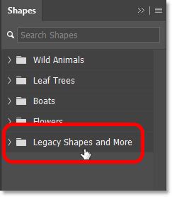 Screenshot of Photoshop's Shapes panel with Legacy Shapes highlighted