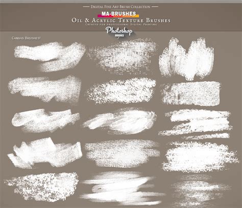 Various Photoshop brushes displayed on a digital canvas