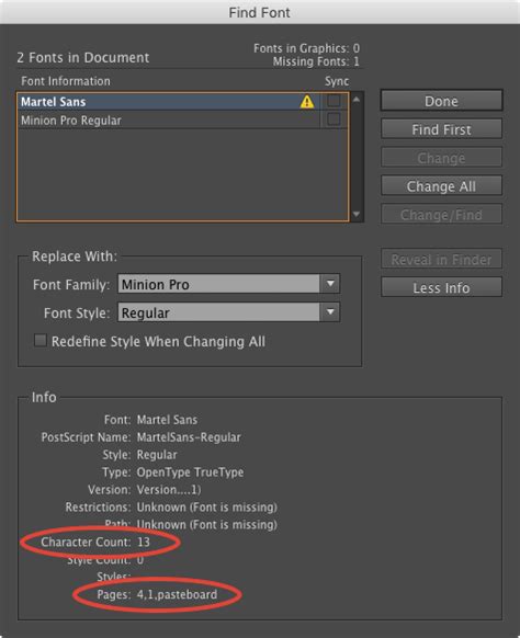 InDesign Find Font dialog box