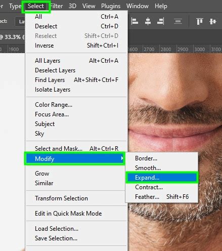 Photoshop menu showing Select > Modify > Expand