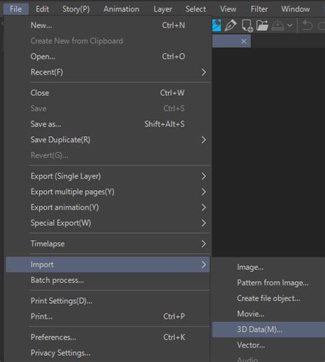 Clip Studio Paint interface showing File > Import > 3D data menu