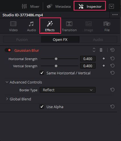 DaVinci Resolve Inspector showing effect options menu for saving a preset