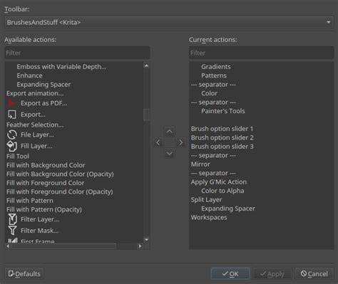 Krita settings menu with Configure toolbars highlighted