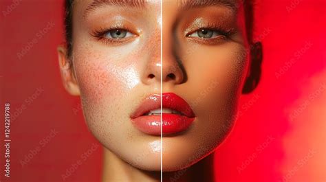 Split image showing a portrait before and after detailed retouching