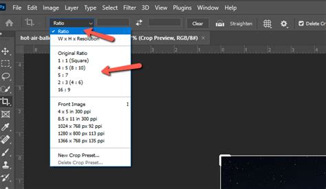 Photoshop Crop Tool interface with aspect ratio options