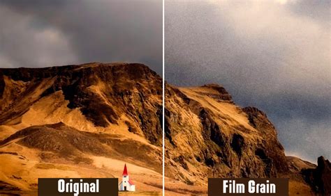A side-by-side comparison of a digital photo with digital noise and a digital photo with VSCO's simulated film grain