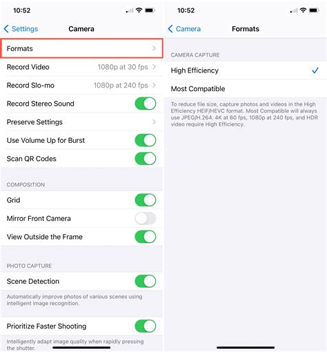 Screenshot of iPhone camera settings showing the 