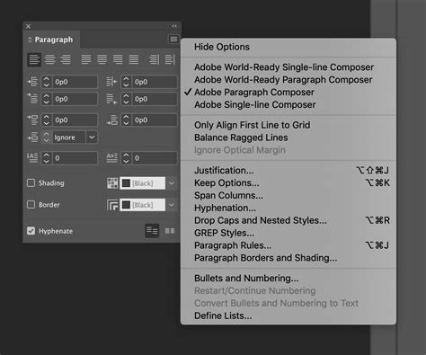 InDesign Character and Paragraph Panel with highlighted shortcuts