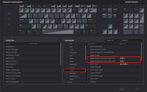 DaVinci Resolve keyboard shortcuts for copy paste color grade
