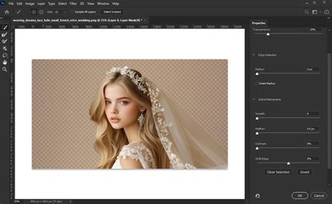 Photoshop's Select and Mask workspace demonstrating hair refinement