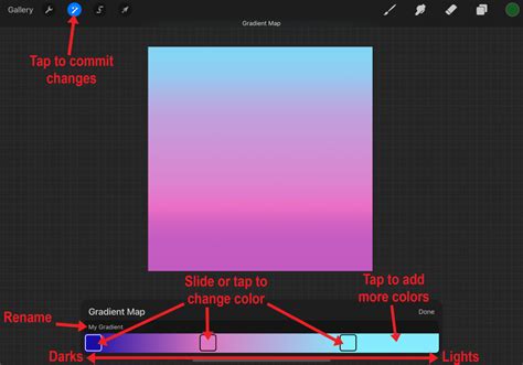 Procreate Gradient Map interface showing color stop adjustments