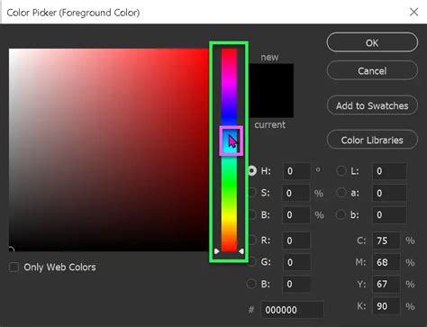 Photoshop Color Picker with color slider highlighted