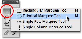 Photoshop screenshot showing the Elliptical Marquee Tool selecting the pupil