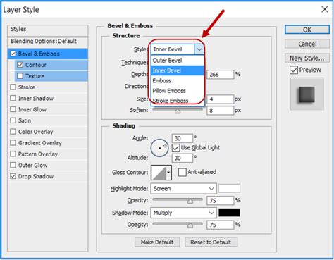 Bevel and Emboss settings in Photoshop