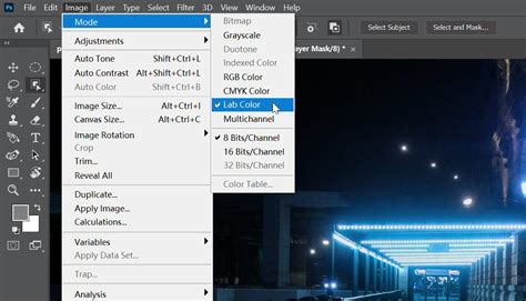 Photoshop menu showing Image > Mode > RGB Color
