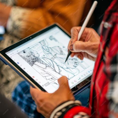 Digital artist using a graphics tablet and stylus with Photoshop open on a computer screen