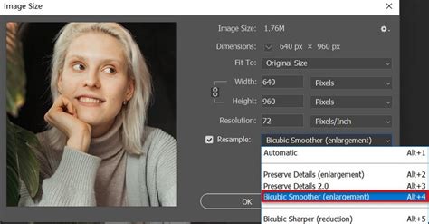 Photoshop Image Size dialog box with Bicubic Smoother selected