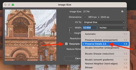 Photoshop Image Size dialog box with Preserve Details 2.0 selected