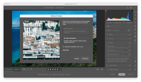Adobe Camera Raw Enhance dialog with Super Resolution checked