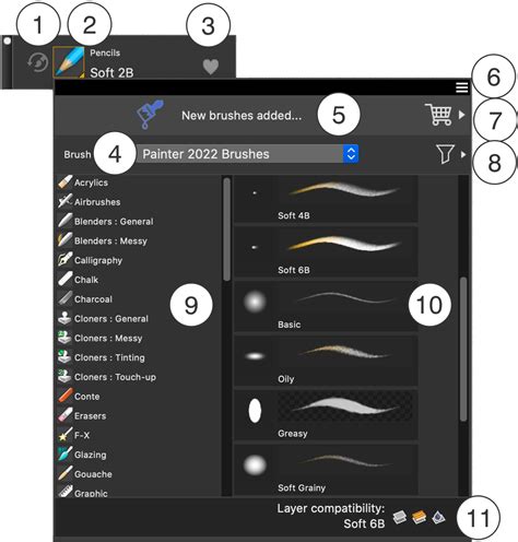 Close-up of Corel Painter's Brush Selector with various brush categories